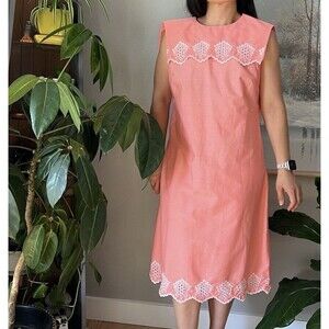 vintage 60s orange white embroidered sailor collar sheer‎ mod midi dress medium